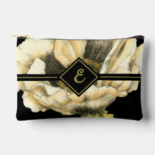 Cream Poppy Flower on Black Background Accessory Pouch