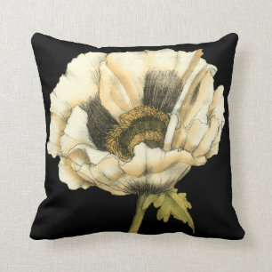 Cream Poppy Flower on Black Background Cushion