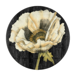 Cream Poppy Flower on Black Background Cutting Board