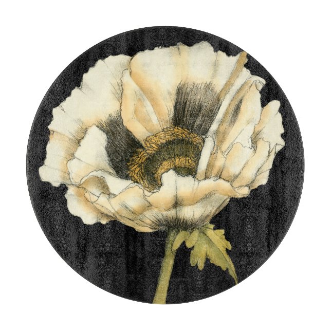 Cream Poppy Flower on Black Background Cutting Board (Front)