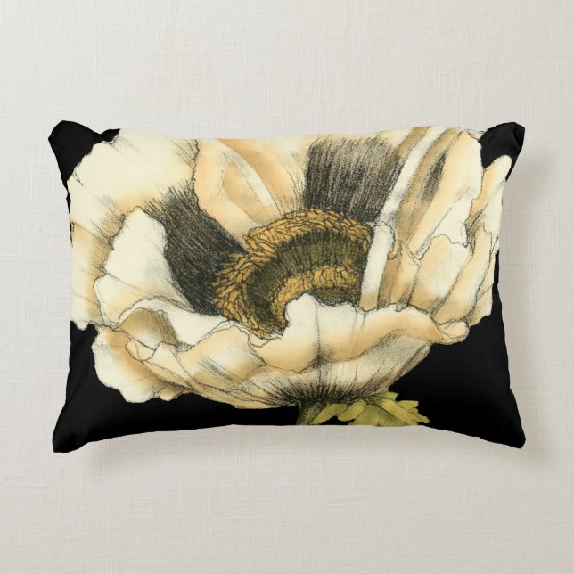 Cream Poppy Flower on Black Background Decorative Cushion (Front)