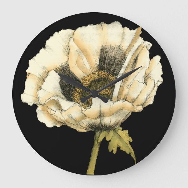 Cream Poppy Flower on Black Background Large Clock (Front)