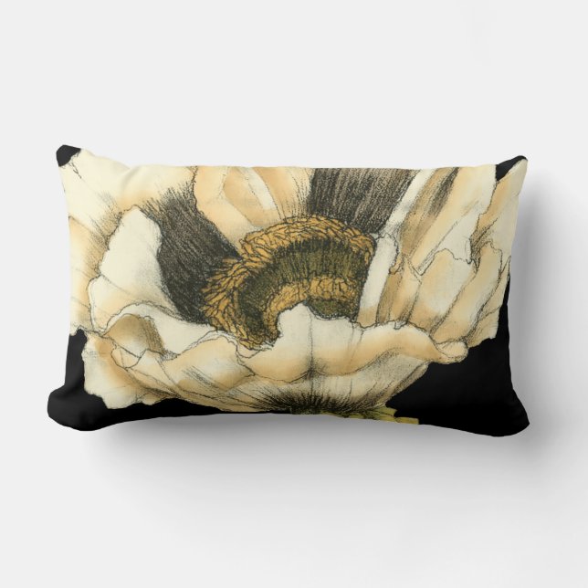 Cream Poppy Flower on Black Background Lumbar Cushion (Front)