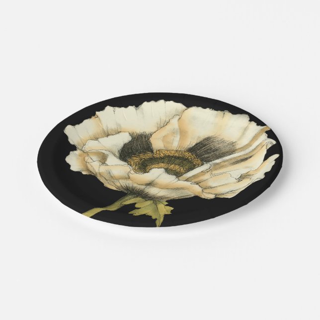 Cream Poppy Flower on Black Background Paper Plate (Angled)