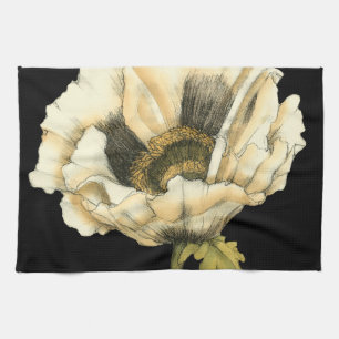 Cream Poppy Flower on Black Background Tea Towel