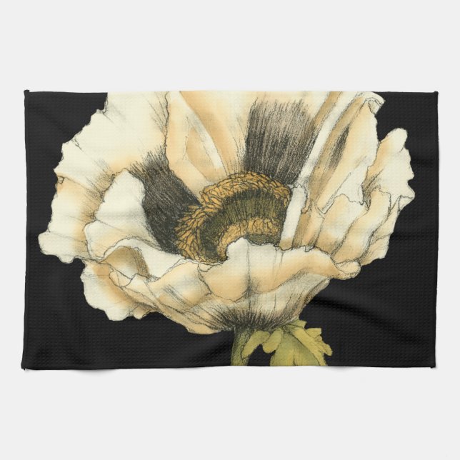 Cream Poppy Flower on Black Background Tea Towel (Horizontal)