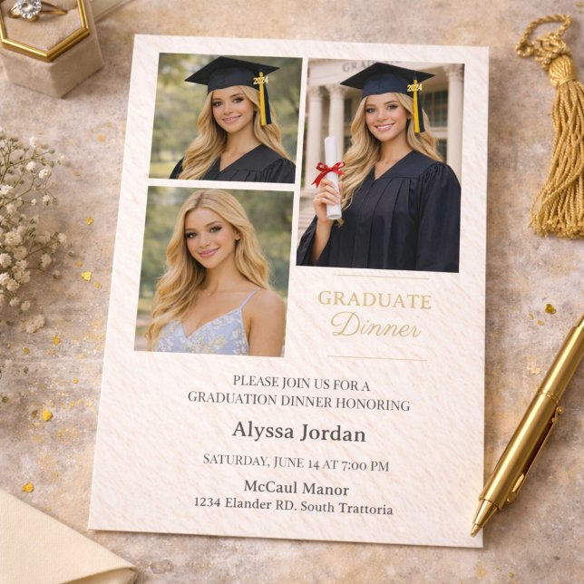 Cream Portrait Collage Graduation Flat Card (Three photo graduation collage with soft cream tones and champagne lettering for a celebration )