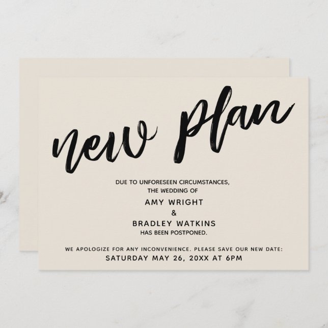 Cream Postponed Wedding Announcement New Plan Card (Front/Back)