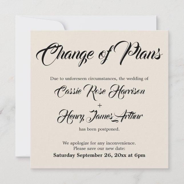 Cream Postponed Wedding Change of Plans Card (Front)