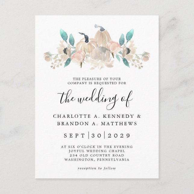 Cream Pumpkin and Eucalyptus Fall Chic  Invitation Postcard (Front)