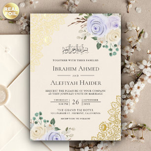 Cream Purple Floral Gold Lace Muslim Wedding