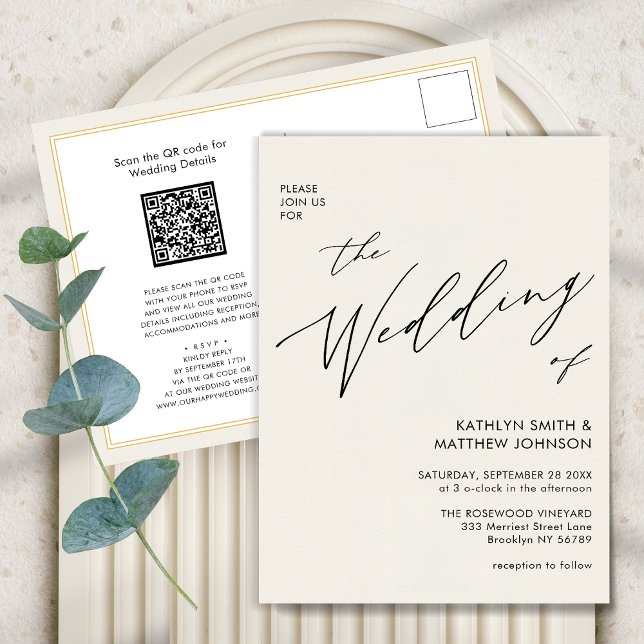 Cream QR Code All In One Minimalist Wedding Invitation Postcard (Creator Uploaded)