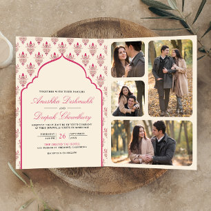 Cream Rani Pink Ikat All in One Indian Wedding Invitation