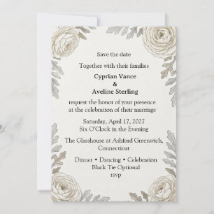 Cream Ranunculus, Dusty Miller Foliage, Botanical Invitation