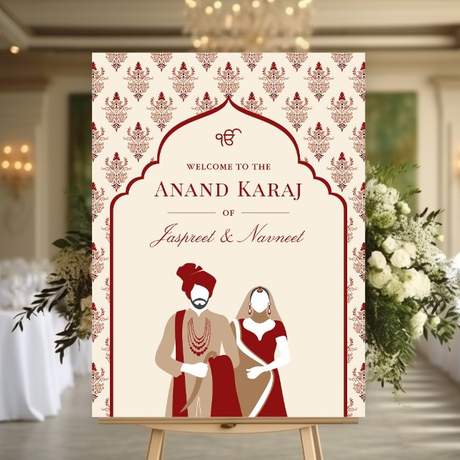 Cream Red Anand Karaj Sikh Wedding Welcome Sign (Creator Uploaded)