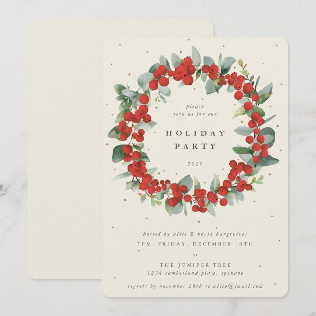 Cream Red Berries+Eucalyptus Wreath Holiday Party Invitation (Front/Back)