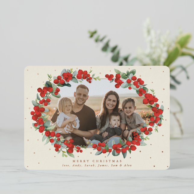 Cream Red Berry + Eucalyptus Christmas Photo Foil Holiday Card (Standing Front)