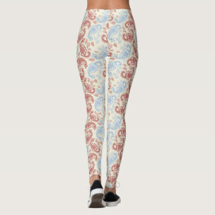Cream-Red-Blue Paisley Pattern Leggings