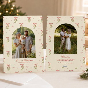 Cream Red Bow Greenery Family Photo Christmas Holiday Card