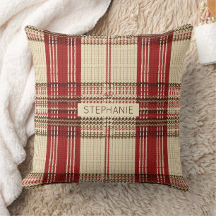 Cream Red Brown Cosy Knit Tartan Plaid Cushion
