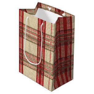Cream Red Brown Cosy Knit Tartan Plaid Medium Gift Bag