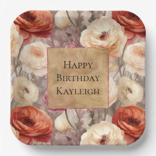 Cream Red Burgundy Floral Birthday Paper Plate