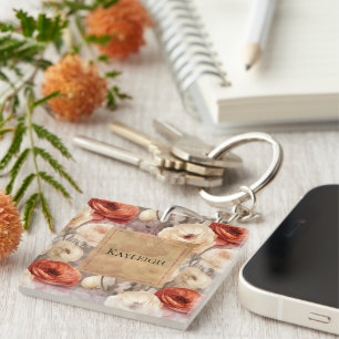Cream Red Burgundy Floral   Key Ring