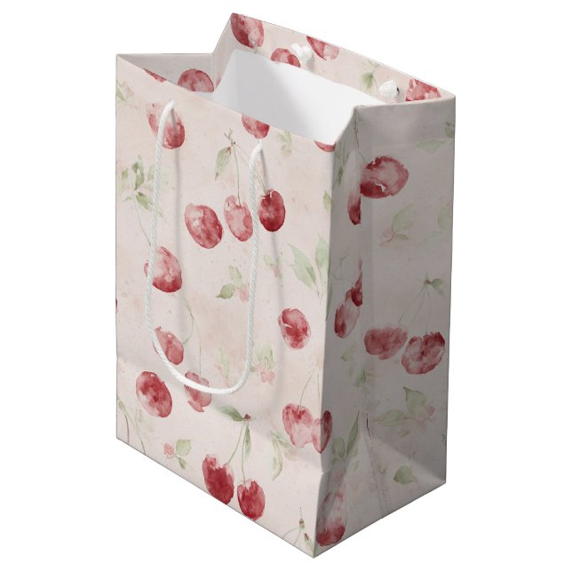 Cream Red Cherries Birthday Medium Gift Bag (Front Angled)