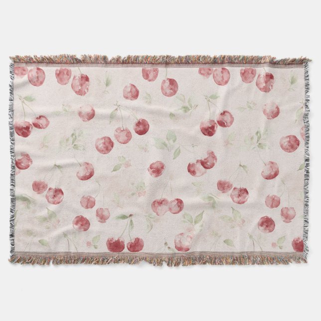 Cream Red Cherries Stripes Throw Blanket (Front)