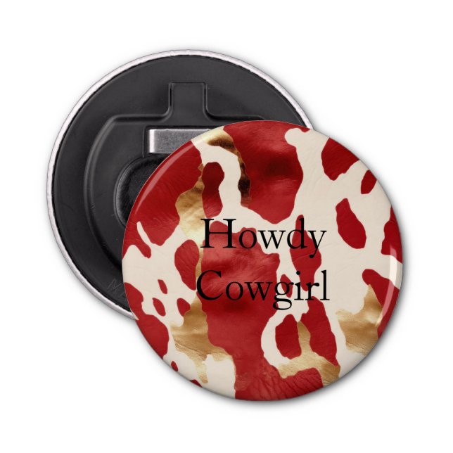 Cream Red Gold Western Cowhide Howdy Bottle Opener (Front)