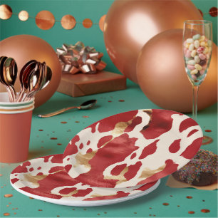 Cream Red Gold Western Cowhide Howdy Paper Plate