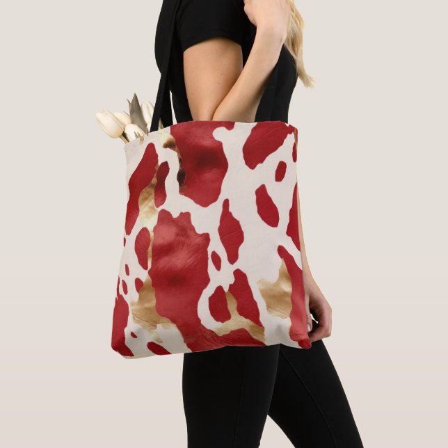 Cream Red Gold Western Cowhide Howdy Tote Bag (Close Up)