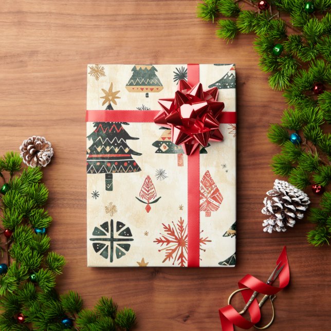 Cream Red Green Western Christmas Trees Wrapping Paper (Holiday Gift)