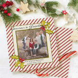 Cream Red Peppermint Stripe Holly Photo Christmas Holiday Card<br><div class="desc">This fun, beautiful red and cream peppermint stripe and hand painted artsy holly and berries design is accented with a subtle faux gold paint splatter for just the right vintage touch. This trendy Seasons Greetings Holiday card has a double frame in cream and dark olive green in for you to...</div>