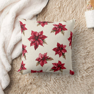 Cream Red Poinsettia Floral Christmas Cushion