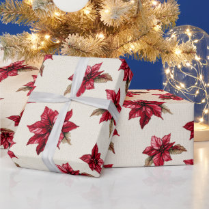 Cream Red Poinsettia Floral Christmas Wrapping Paper