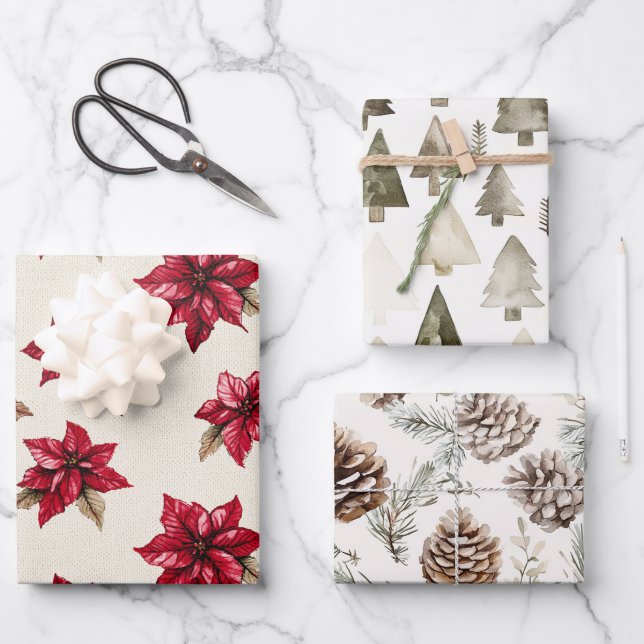 Cream Red Poinsettia Floral Christmas Wrapping Paper Sheet (Front)