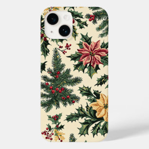 Cream Red Poinsettia Holly Christmas Pattern Case-Mate iPhone 14 Case