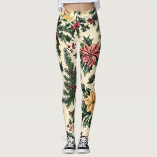 Cream Red Poinsettia Holly Christmas Pattern Leggings