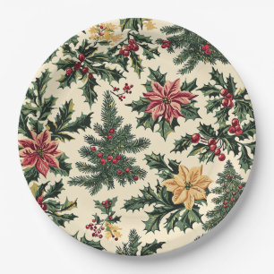 Cream Red Poinsettia Holly Christmas Pattern Paper Plate
