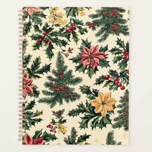 Cream Red Poinsettia Holly Christmas Pattern Planner