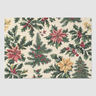 Cream Red Poinsettia Holly Christmas Pattern Tissue Paper