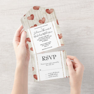Cream Red Romantic Hearts Wedding All In One Invitation