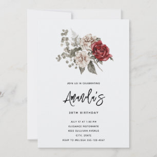 Cream & Red Rose Boho Floral Bouquet Birthday Invitation