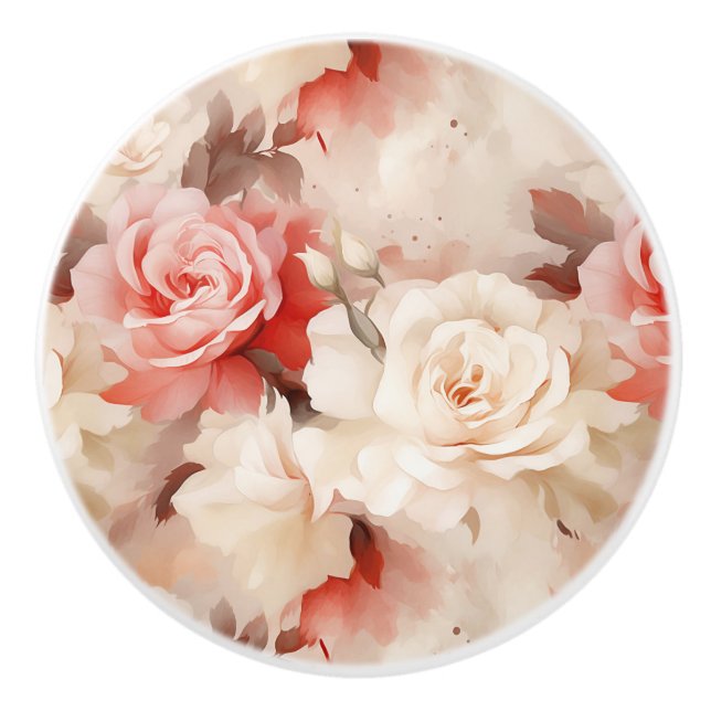 Cream Red Rose Floral Ceramic Knob (Front)