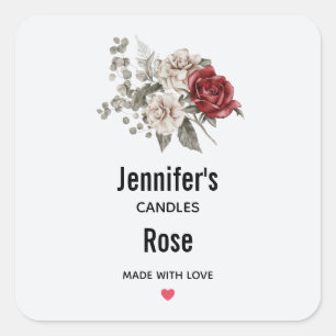 Cream & Red Rose Flower Bouquet - Candle Business Square Sticker