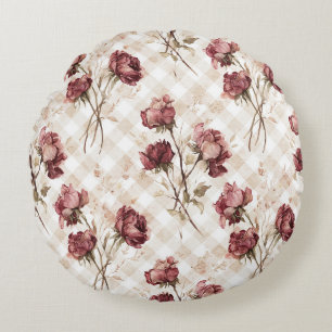 Cream Red Roses Flowers Round Cushion