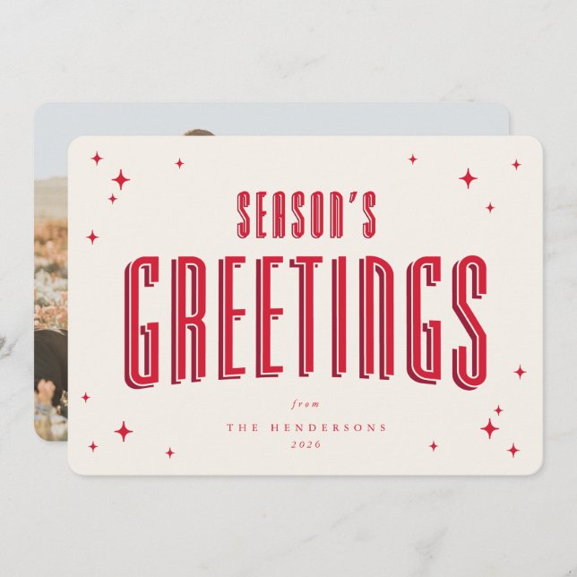 Cream+Red Season's Greeting Retros Stars Photo Holiday Card (Front/Back)