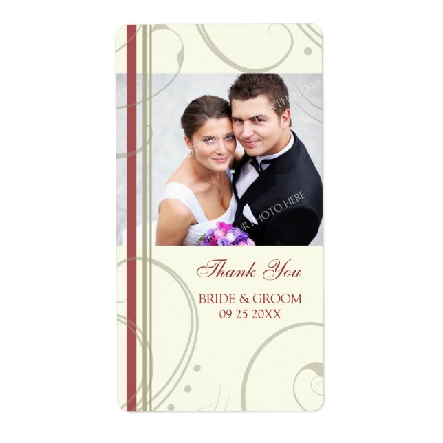 Cream Red Swirls Photo Wedding Labels (Front)