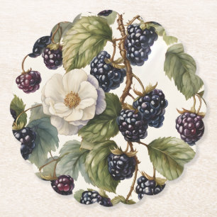 Cream Regal Elegance Blackberry & Blooms Paper Coaster